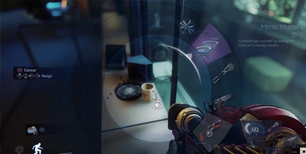An innocuous coffee cop sits on a table, in a guns sights. This is a still from the game Prey
